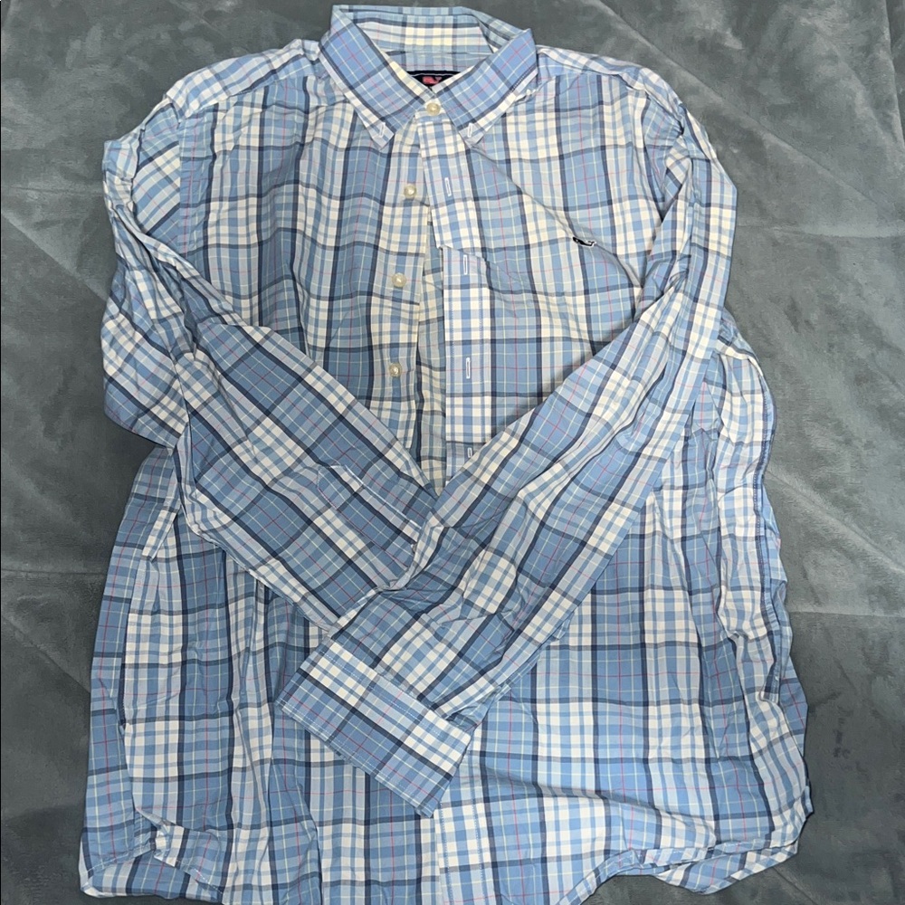 Vineyard Vines Light Blue and White Plaid Men's Shirt